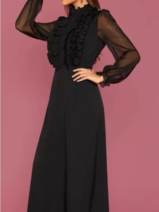 Pants - ✨Elegant Black Shear Ruffle Long Sleeves -Wide Leg Jumpsuit✨